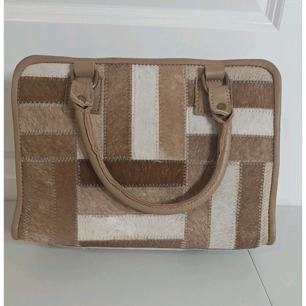 Genuine Leather Hair On Hide Patchwork Satchel Handbag Brown Cream Cowhide Purse